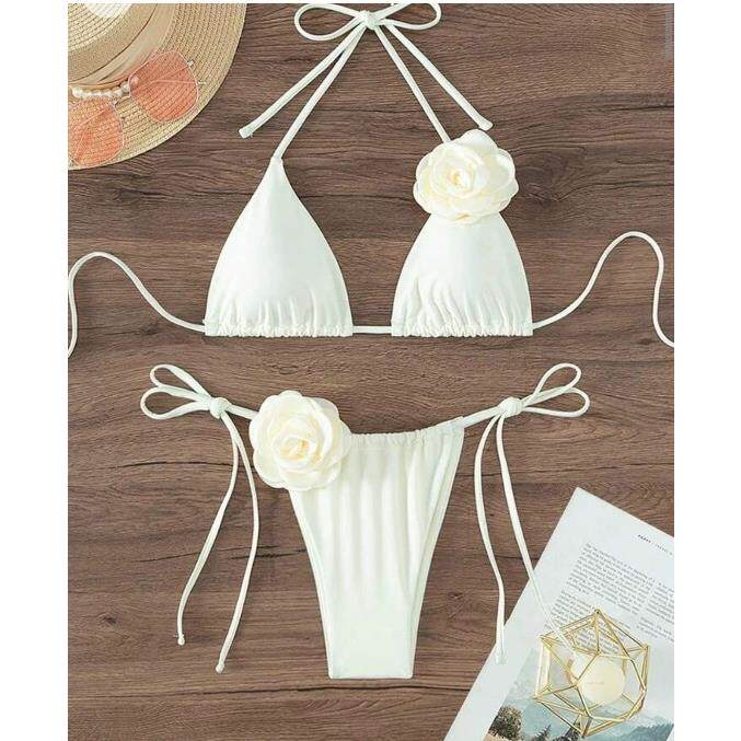 系带挂脖三点式比基尼花朵装饰抽绳分体泳衣温泉辣妹泳装bikini