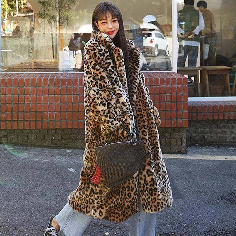 2024冬速卖通仿皮草大衣女豹纹时尚仿皮草中长款外套加厚毛绒coat