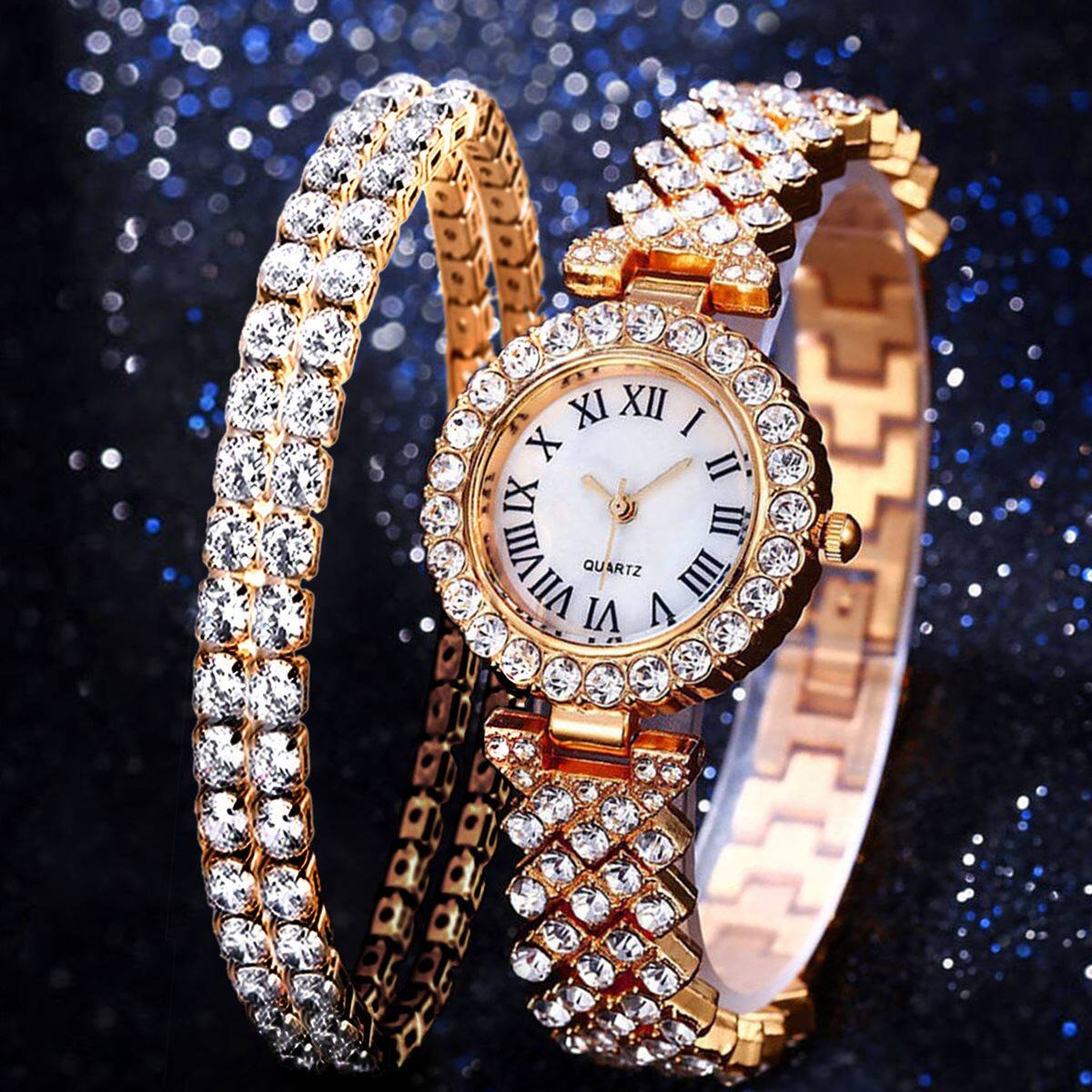 Luxury watch set diamond bracelet 奢华镶钻手表双层手链女礼物