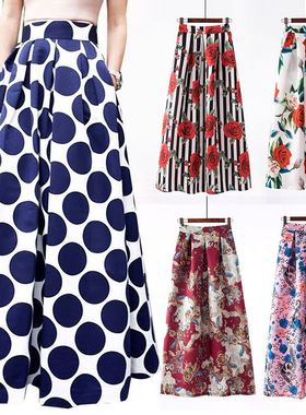 Women's White Contrast Polka Dot Print Maxi Skirt 复古半