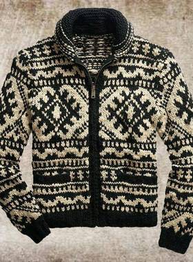 外贸秋冬款男士休闲提花针织外套翻领长袖夹克毛衣潮Men Knitwear