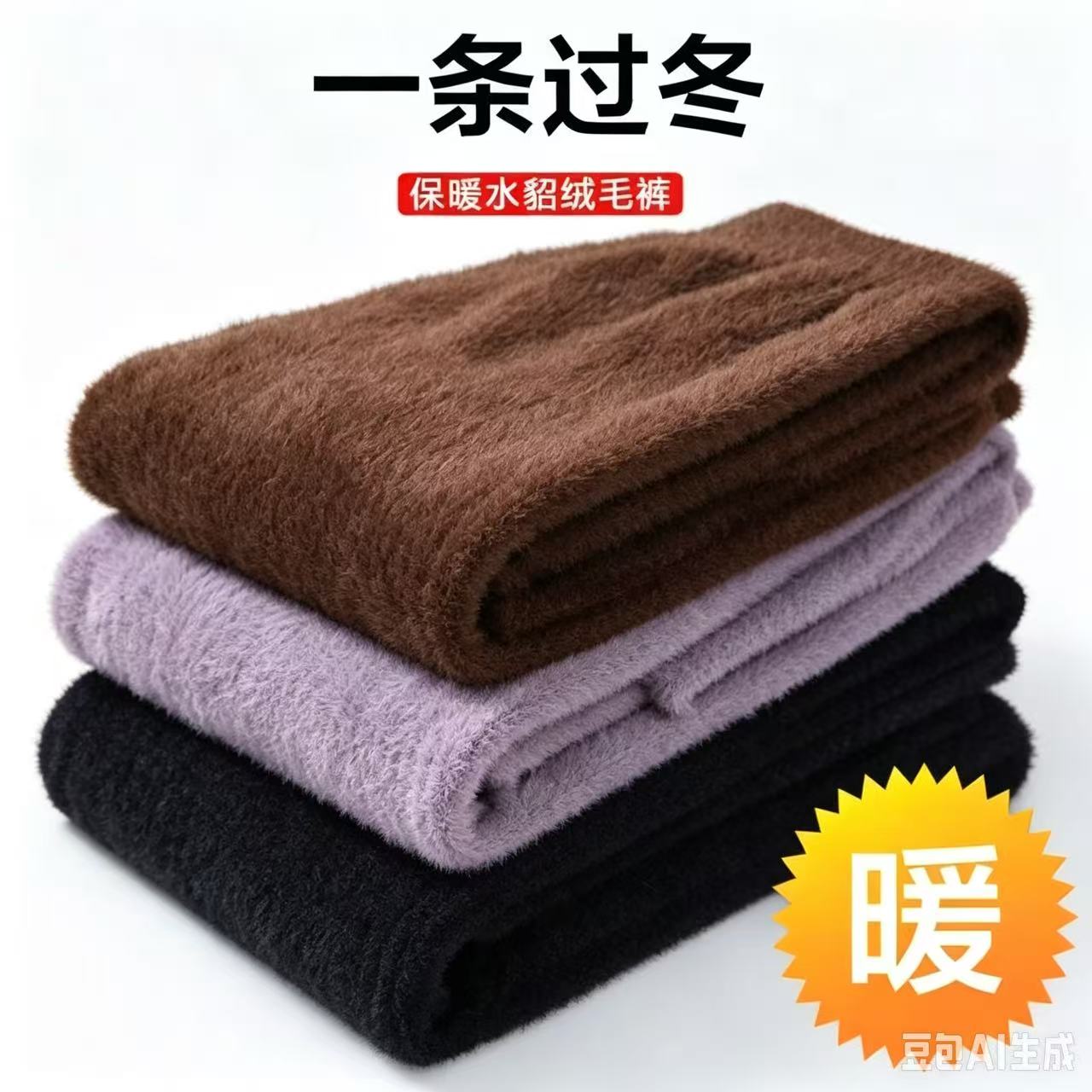 水貂绒毛裤男女士秋冬加厚纯色保保暖裤
