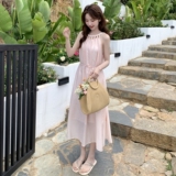 温柔编织装饰镂空挂脖连衣裙女2025夏季新款浪漫度假风收腰长裙潮，女装连衣裙，浙宝222（原006）