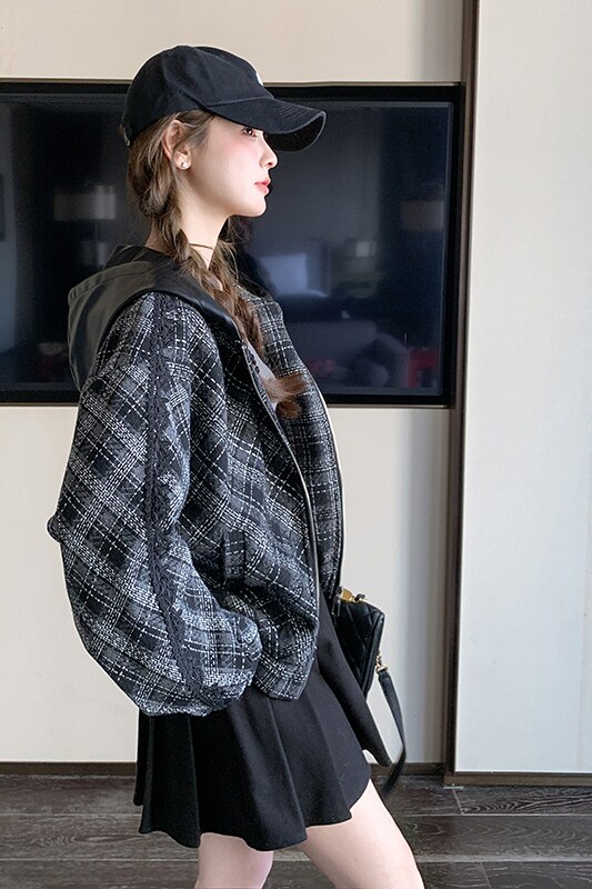 2025秋季新款韩系复古格子连帽短外套女时尚宽松显瘦百搭简约外套,女装短外套,浙宝222（原006）