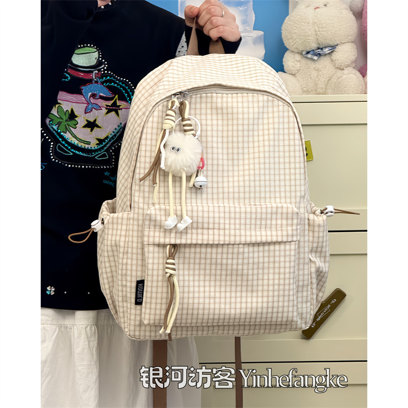 日系ins复古格子书包女小众休闲高中生双肩包大学生百搭通勤背包