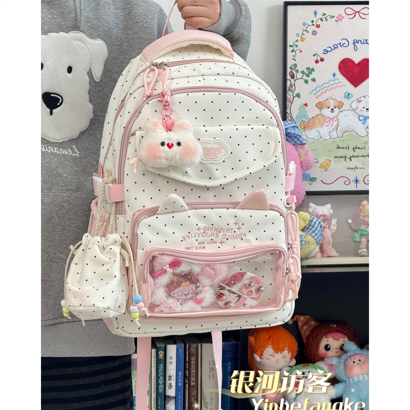 学院ins波点大容量书包女百搭上课初高中生多口袋双肩包电脑背包