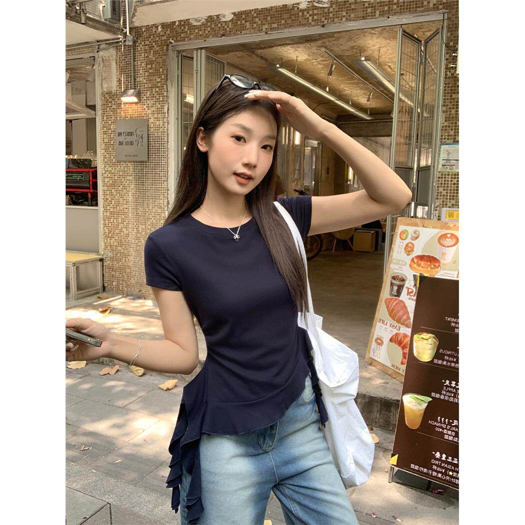 藏青色圆领不规则下摆荷