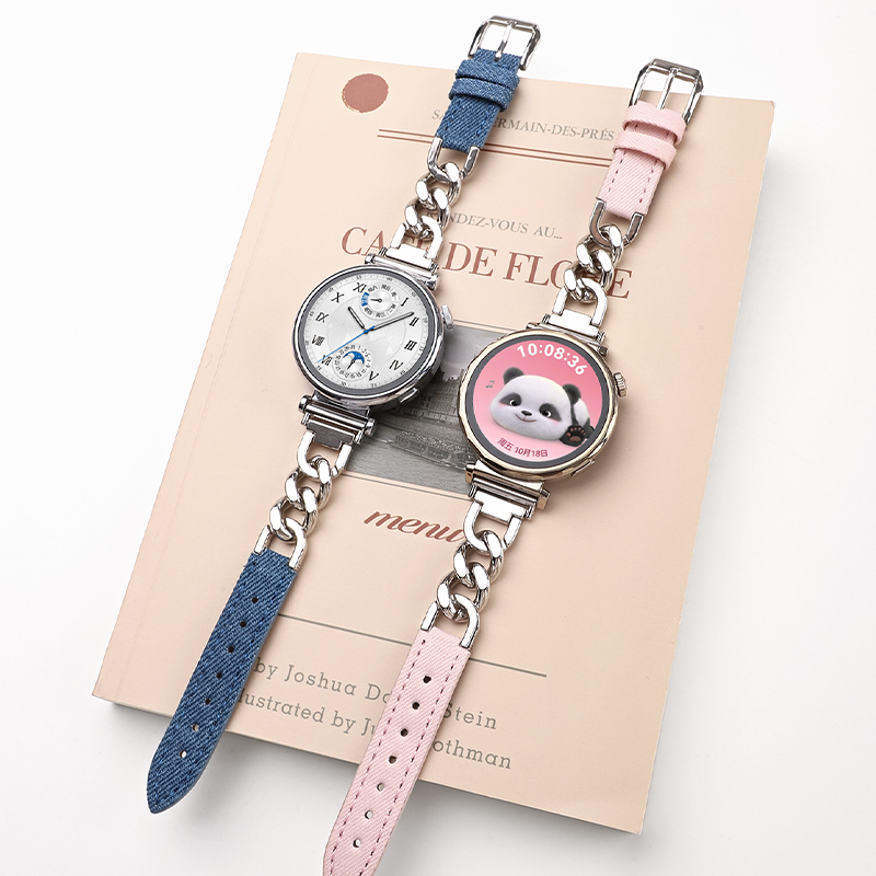 适用vivowatch5表带月光白智能手表牛仔真皮腕带iqoowatch5辰夜黑精钢版ins女款金属拼皮手链百搭防水替换带