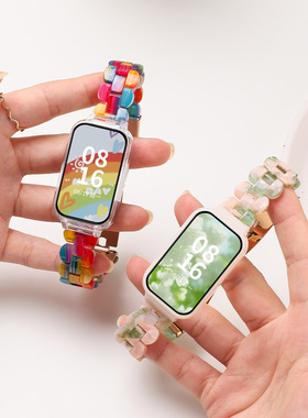 适用keepb3表带keep手环3代椭圆树脂腕带b3专用运动手表链pc保护套防摔表壳ins风男女防水三珠透明手表替换带