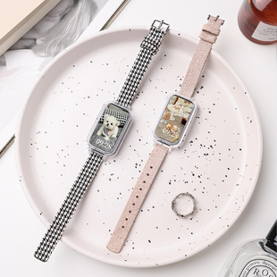 适用三星fit3编织表带三星galaxyfit3手环帆布腕带SM-R390运动手表链ins风千鸟格手镯腕带pc保护套表壳替换带