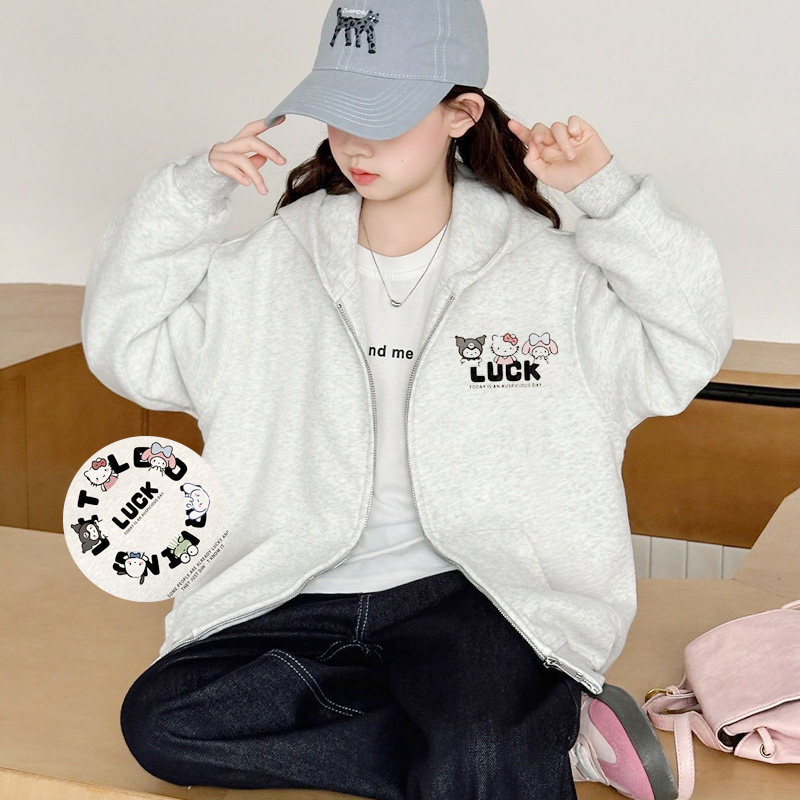 女童可爱卡通印花开衫连帽卫衣春秋新款中大童宽松拉链加绒外套