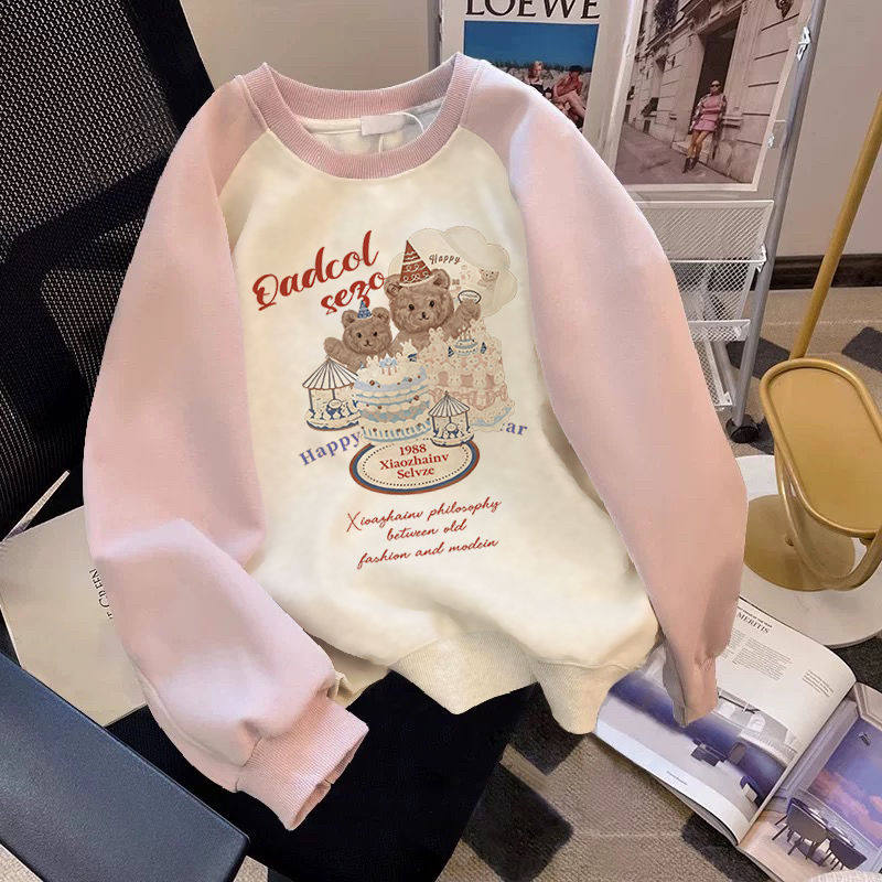 女童圆领卫衣春装2026新款儿童宽松撞色插肩纯棉上衣中大童打底衫