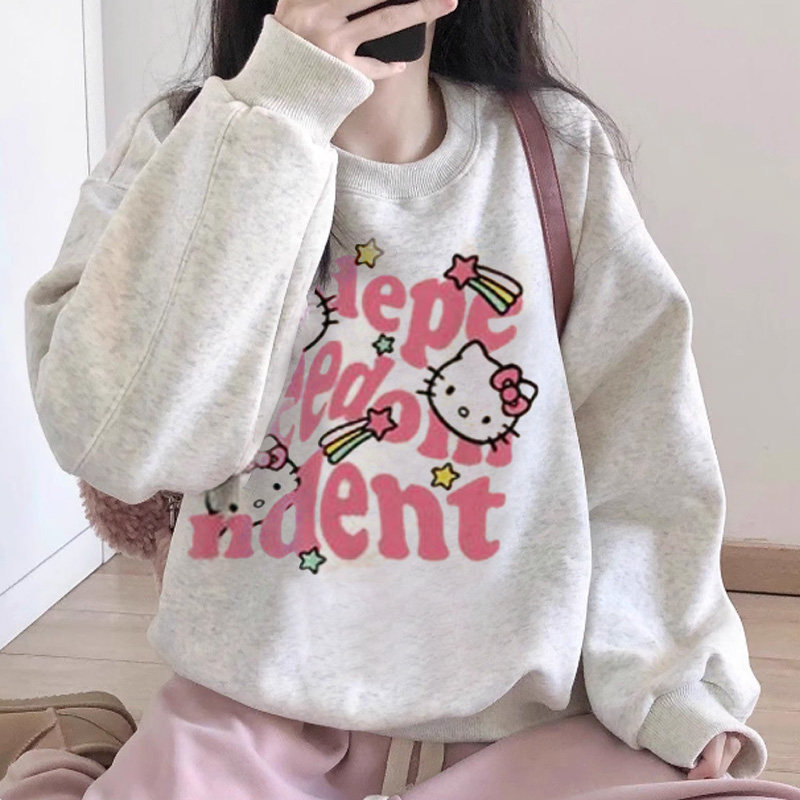 女童韩版圆领卫衣春秋新款薄款中大童卡通Kit猫加绒加厚宽松外套