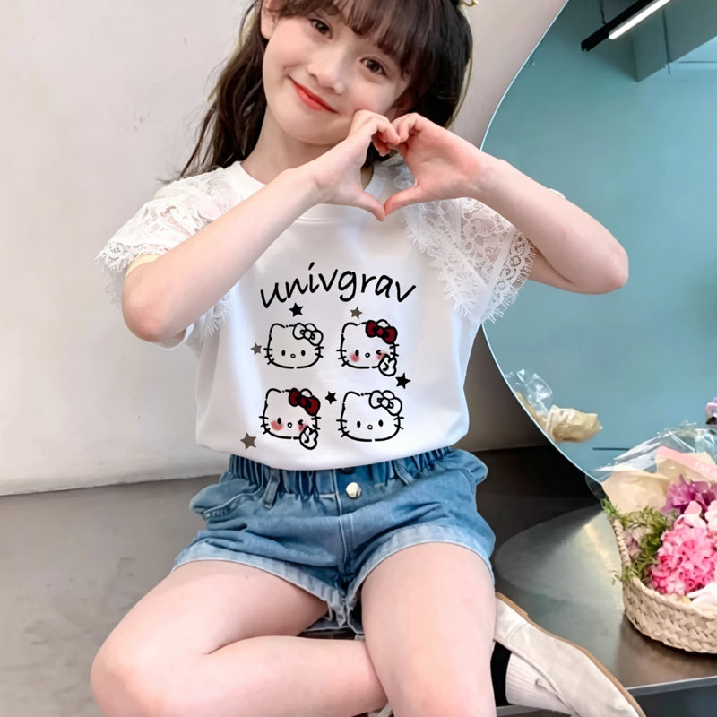 女童短袖纯棉T恤蕾丝拼接上衣夏