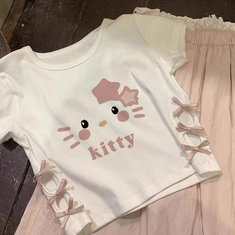 女童纯棉白色正肩短袖T恤卡通