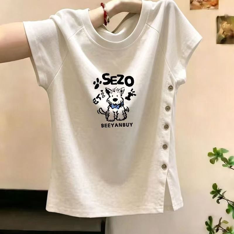 女童韩版纽扣开叉短袖夏季新款