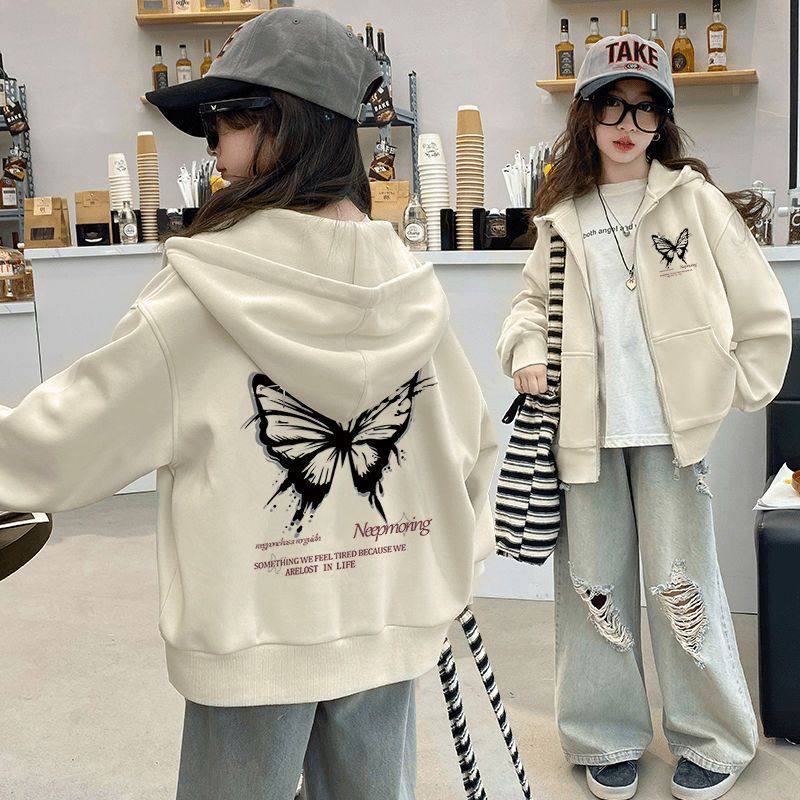美式蝴蝶女童开衫春季连帽卫衣外套2026新款春秋加绒中大童上衣潮