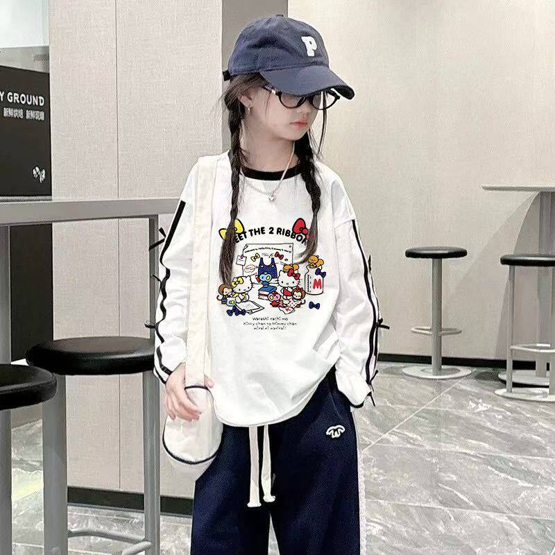 中大童可爱甜美纯棉长袖t恤女童公主风百搭宽松蝴蝶结上衣女孩