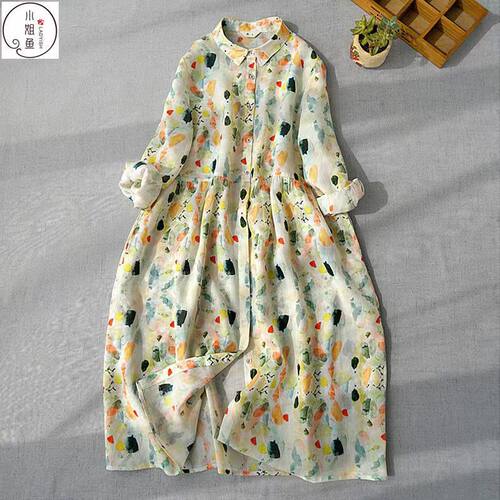 撤柜奥特莱斯清仓捡漏文艺风印花衬衫式连衣裙女春秋复古长裙子潮