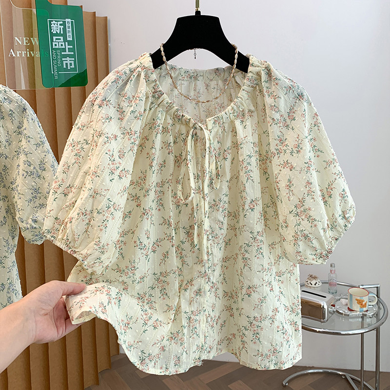 复古田园风碎花灯笼袖衬衫女夏季圆领系带气质减龄防晒显瘦上衣薄