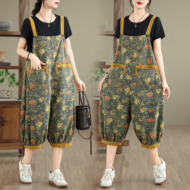 休闲时尚印花牛仔背带裤女夏季款大码胖mm宽松气质百搭九分束脚裤