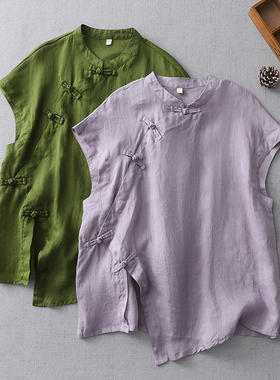 绿色新中式苎麻小衬衫女夏季复古斜襟盘扣棉麻文艺不规则短袖上衣
