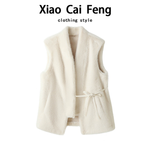 仿水貂毛v领系带收腰马甲外套女秋冬皮毛一体保暖仿皮草坎肩上衣