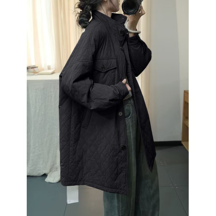日系复古菱格夹棉衬衫棉服女中长款冬季加厚休闲宽松棉衣工装外套