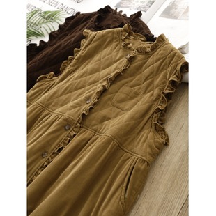 日系高端灯芯绒夹棉加厚连衣裙女秋冬保暖复古中长款无袖背心裙子