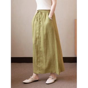复古天丝亚麻半身裙女夏季薄款中长款棉麻a字裙小个子高腰直筒裙