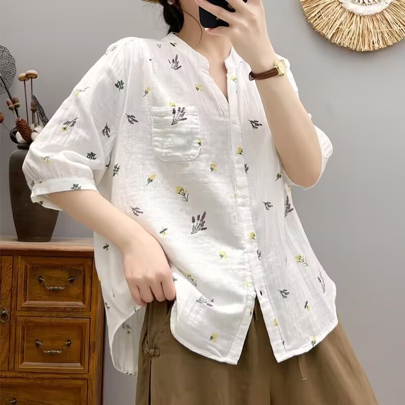 文艺气质V领中袖双层棉纱衬衫女夏季白色休闲衬衣超好看碎花上衣