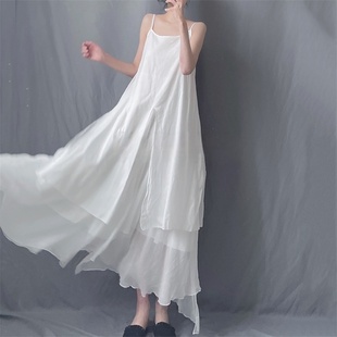 棉麻連衣裙吊帶裙子女夏季 文藝范純色蛋糕裙超仙飄逸垂感大擺長裙