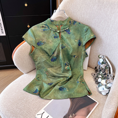 新中式盘扣印花短袖衬衫女夏季独特漂亮小衫国风气质改良旗袍上衣