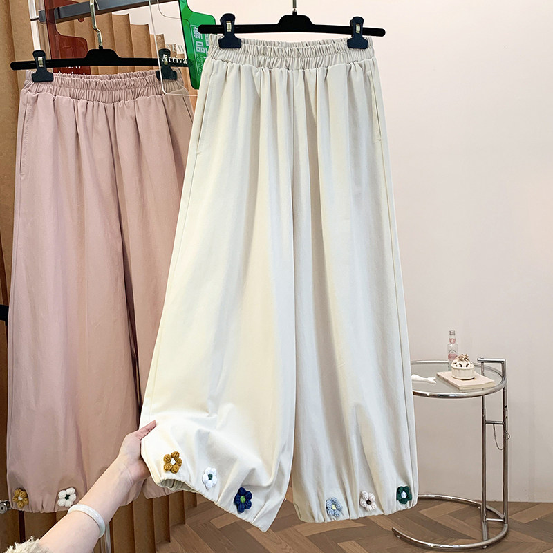 2026春季勾花朵灯笼裤女高腰松紧刺绣花朵休闲裤遮肉斜纹棉阔腿裤