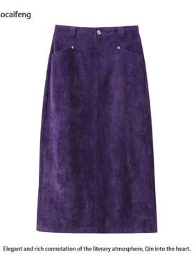紫色a字灯芯绒半身裙女2024年新款秋冬裙子高腰复古条绒直筒长裙