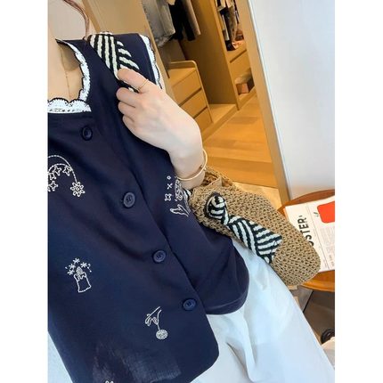 老钱风时尚蕾丝花边刺绣亚麻背心女夏季薄款洋气时髦棉麻无袖上衣