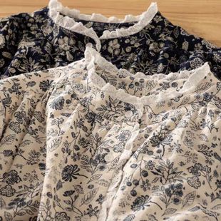 森系田园风蕾丝花边磨毛碎花衬衫女春装洋气减龄宽松百搭开衫上衣