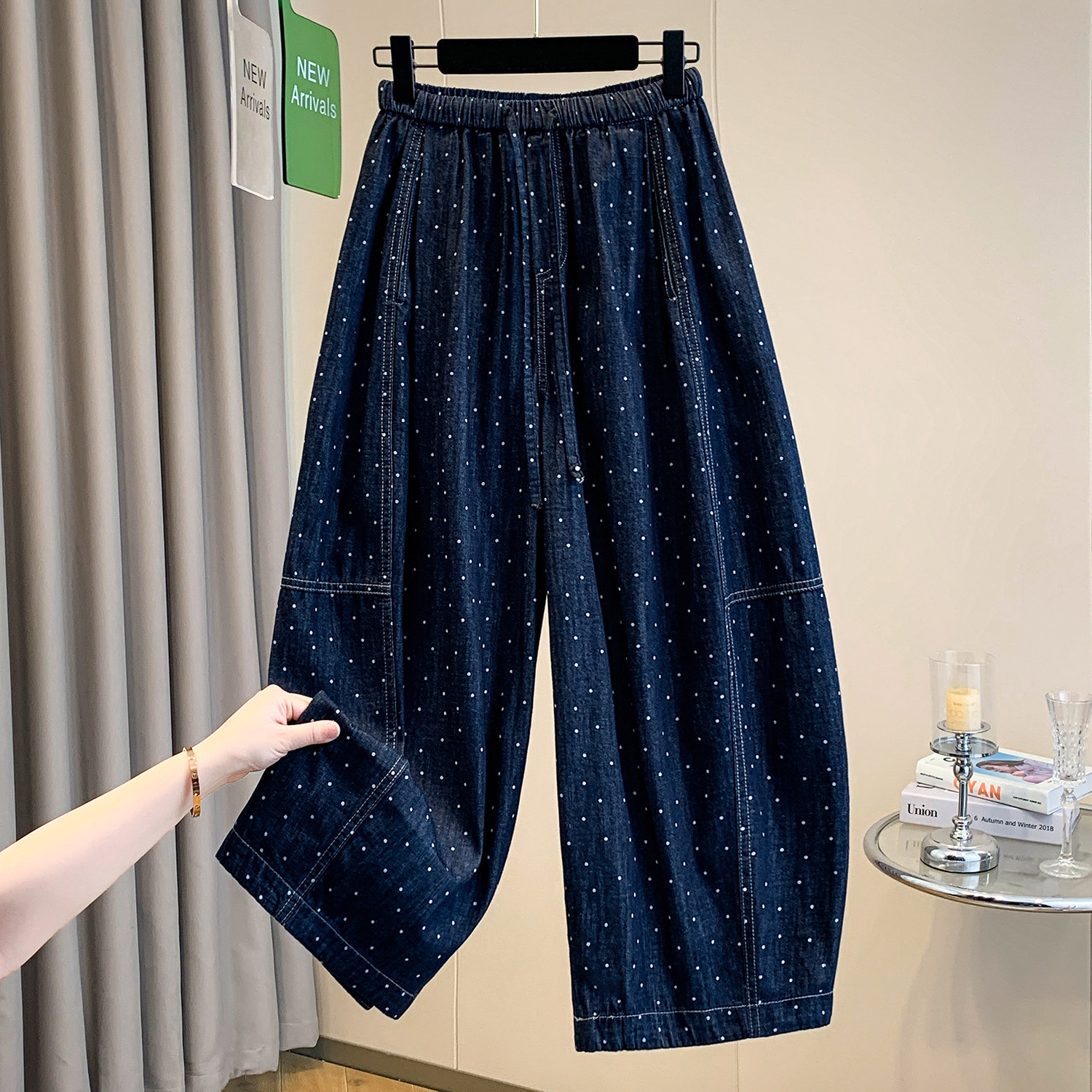 高腰拼接波点弯刀牛仔裤女春秋大码胖mm休闲慵懒风百搭九分阔腿裤,女装/女士精品,牛仔裤,淘宝优惠券,粉丝福利购,淘宝优惠卷