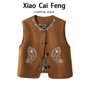 坎肩短外套 设计感无袖 复古咖色刺绣鹿皮绒马甲背心女秋季 2025新款