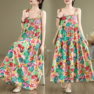 大码胖mm宽松复古印花连衣裙女夏日绝美小裙子吊带裙减龄碎花长裙