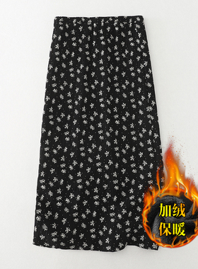黑色小碎花加绒加厚半身裙女秋冬高腰遮胯显瘦中长款a字直筒裙子