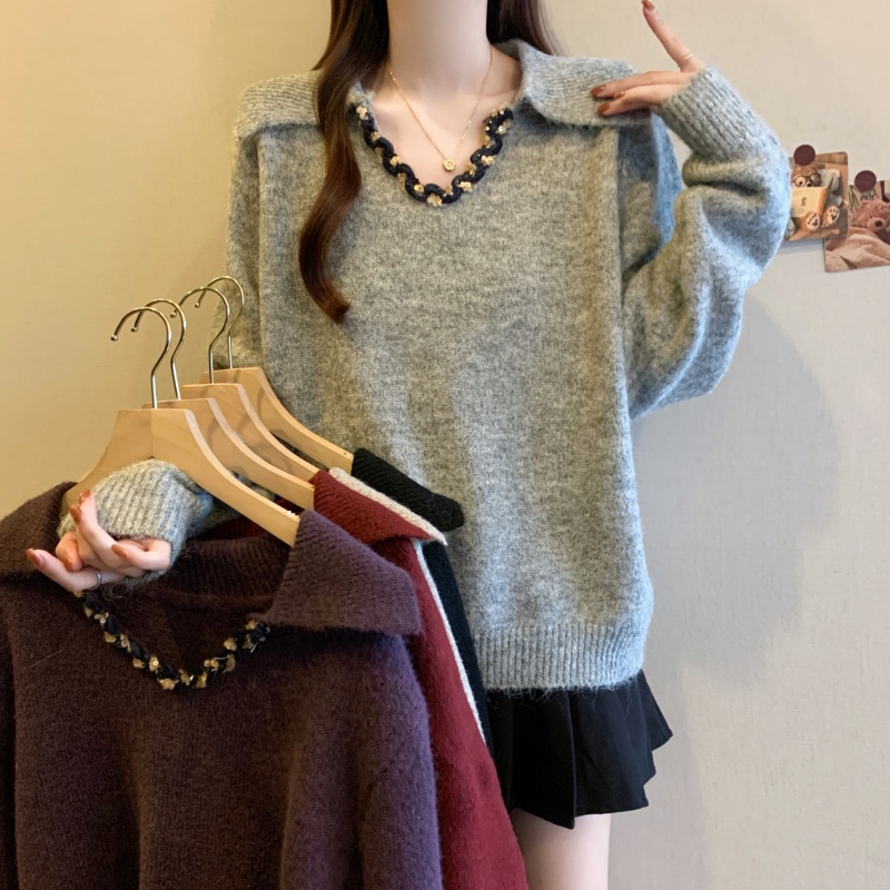 复古休闲翻领正肩针织衫女秋冬大码胖mm气质宽松显瘦百搭套头毛衣