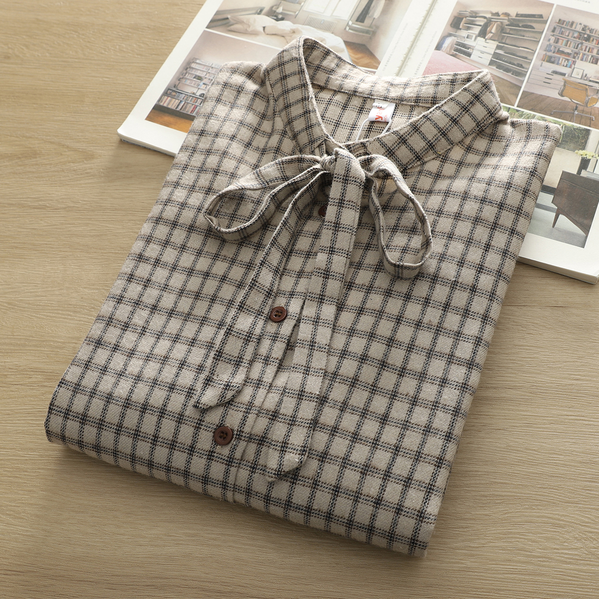 日系文艺复古长袖系带格子衬衫