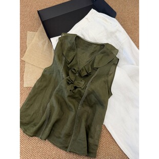 高端欧货绿荷叶边棉麻无袖衬衫女夏季设计宽松v领显瘦透气上衣潮