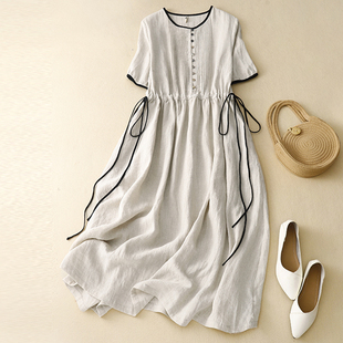 复古纯色棉麻风琴褶连衣裙女夏季 宽松系带收腰设计感亚麻大摆裙子