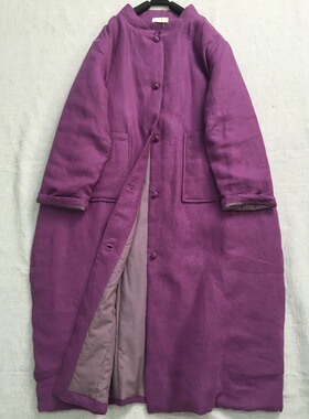 新中式国风紫色亚麻棉衣外套女冬季款加棉保暖中长款禅意棉服上衣