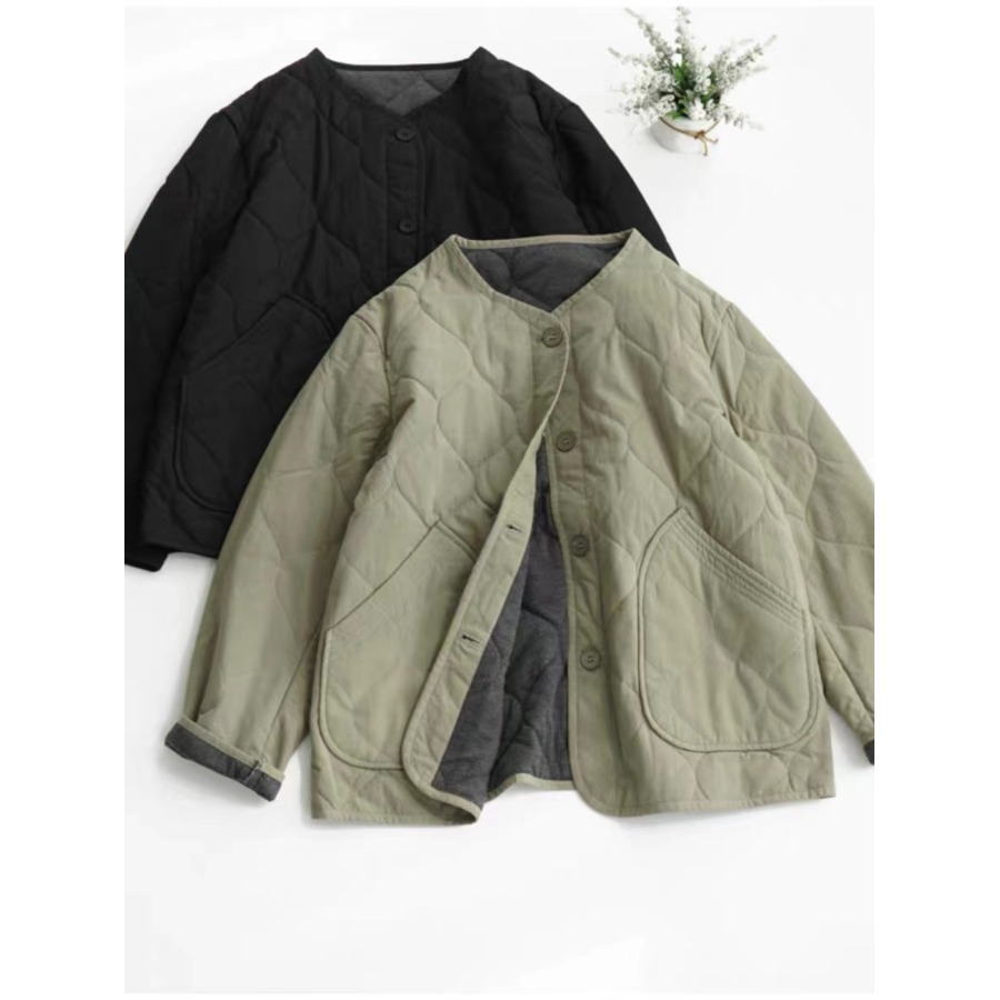 复古菱格夹棉保暖棉衣棉服女冬季日系宽松休闲加厚圆领棉袄短外套