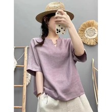 老钱风亚麻短袖T恤女夏季简约百搭宽松显瘦休闲V领棉麻小衫上衣潮