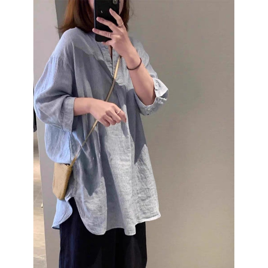 日系复古亚麻衬衫女夏季宽松大码中长款慵懒风衬衣显瘦防晒衫上衣