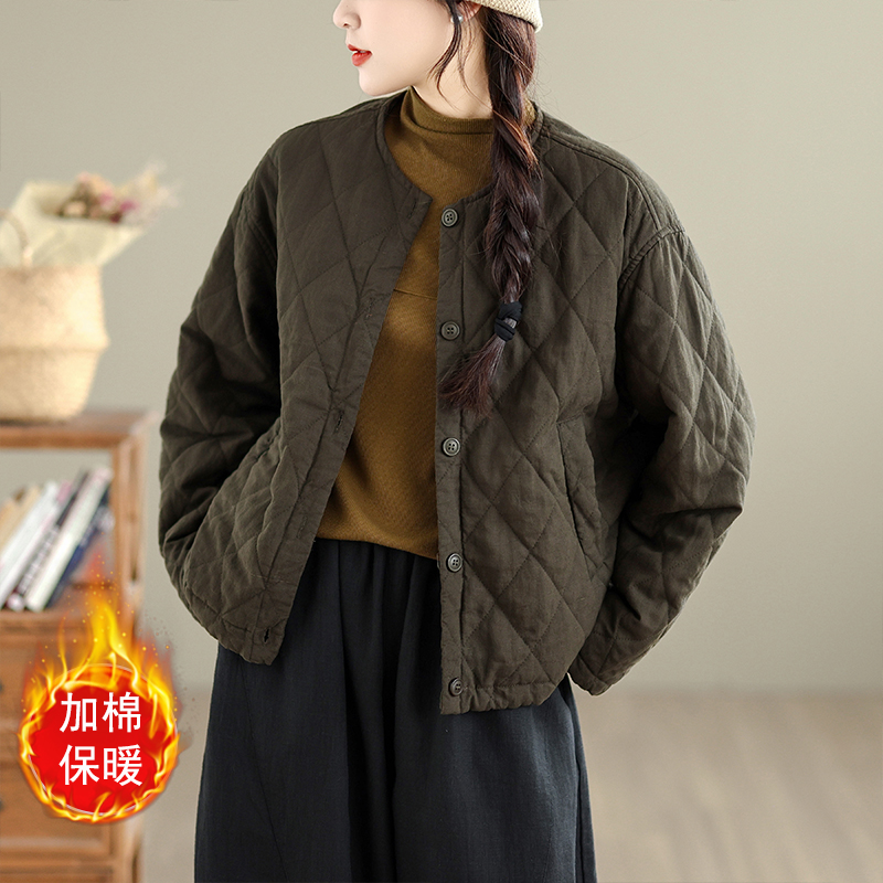复古菱格棉衣外套女冬季洋气减龄内里格纹小棉袄夹棉圆领夹克棉服